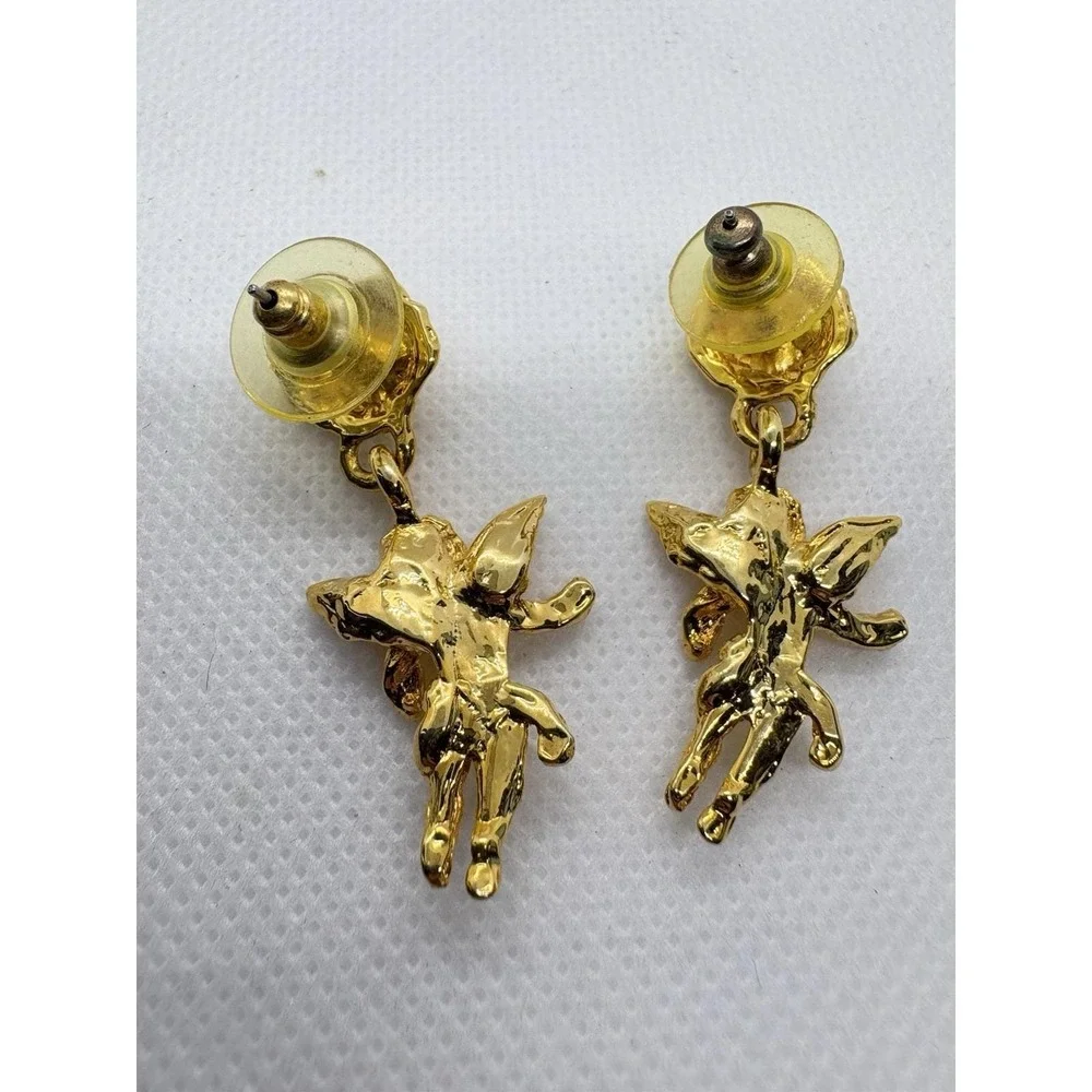 Vintage 90s‎ Two Sisters Medici Gold Tone Cherub Drop Earrings Rhinestone Cupid